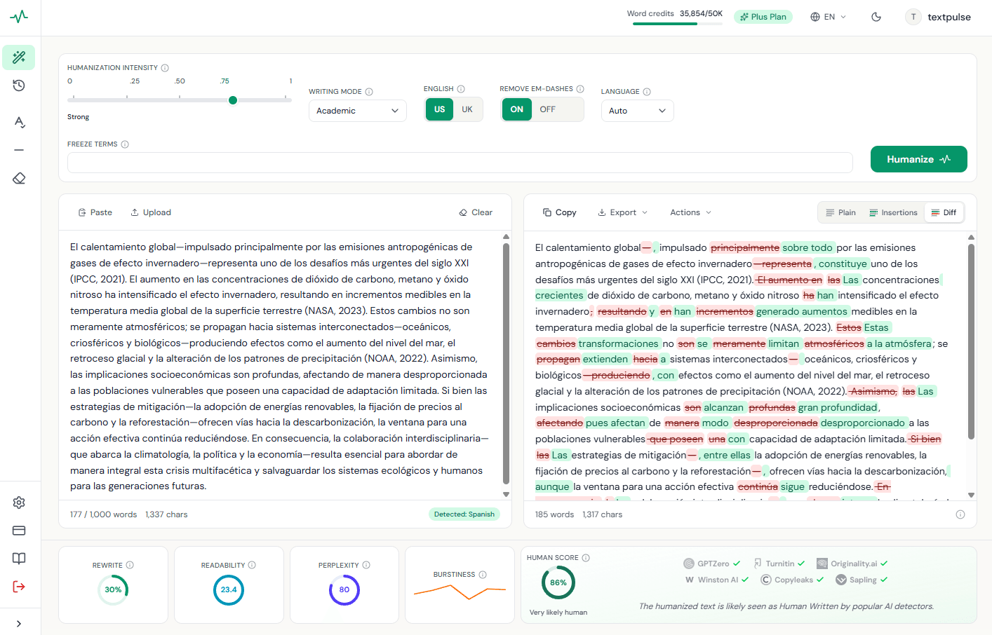 TextPulse multilingual AI humanizer humanizing Spanish academic text: auto-detected language, tracked-changes diff output, and an 86% human score on the metrics bar